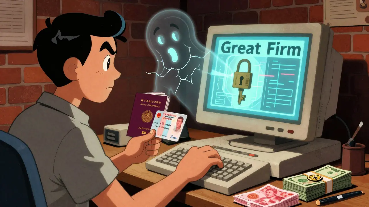 Vintage illustration of trader using VPN and foreign IDs to access crypto exchanges
