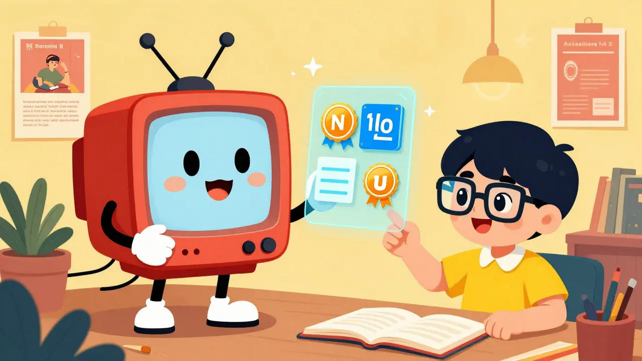 Cartoon AI mascot teaching student in retro study room