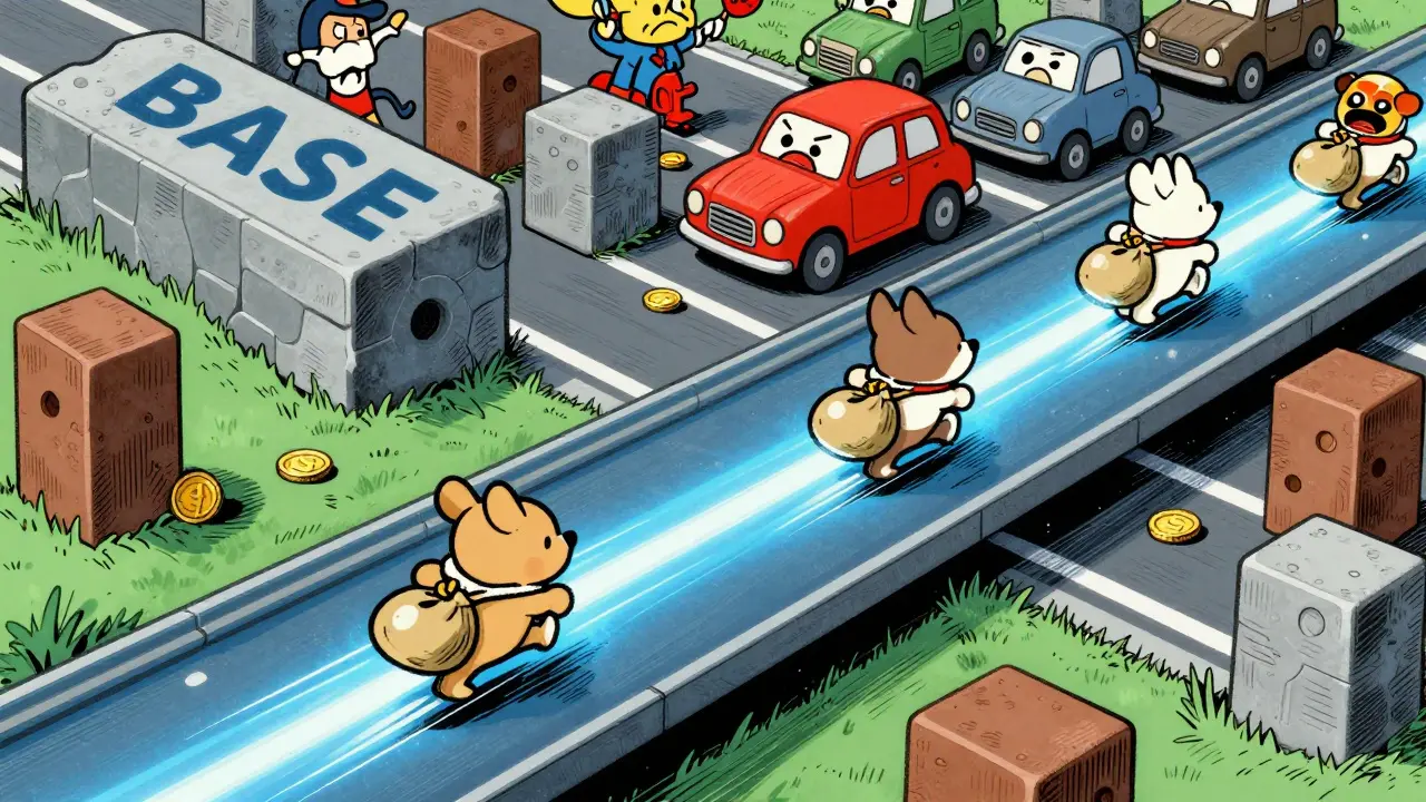 Cartoon dogs racing on fast blockchain highway