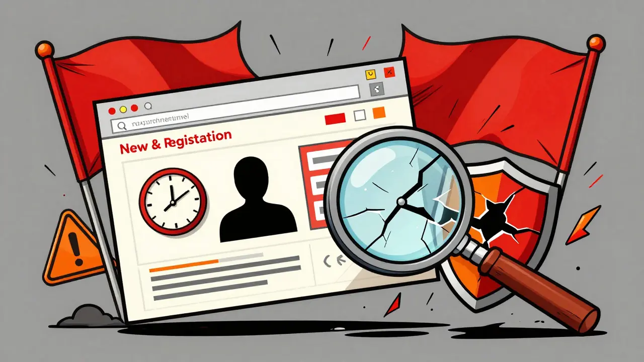 Cartoon illustration showing red flags like anonymity and weak security in scams