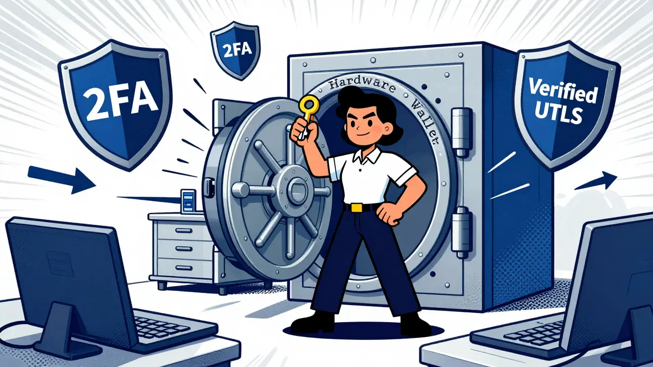 Cartoon showing user securing crypto with hardware wallet