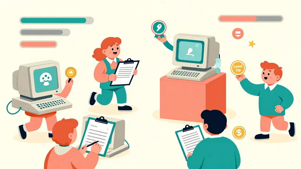 Characters creating memes and earning rewards in a gamified setting