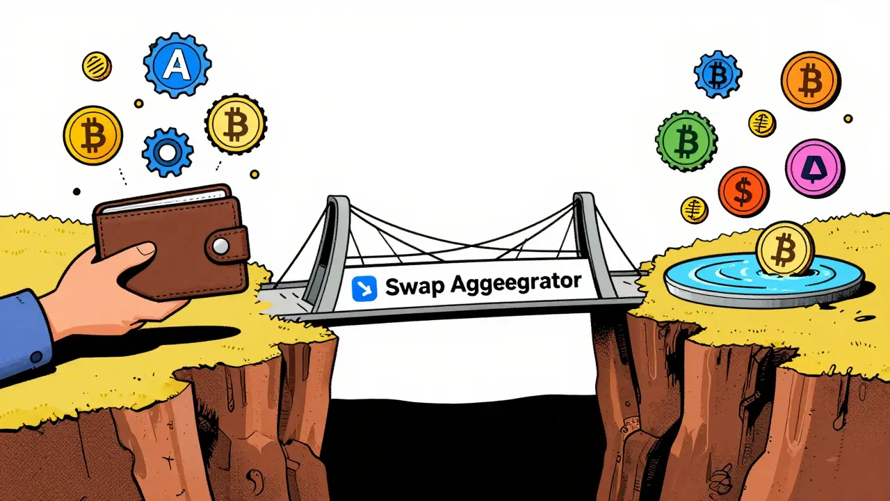 Digital swap aggregator bridge connecting wallets to crypto tokens