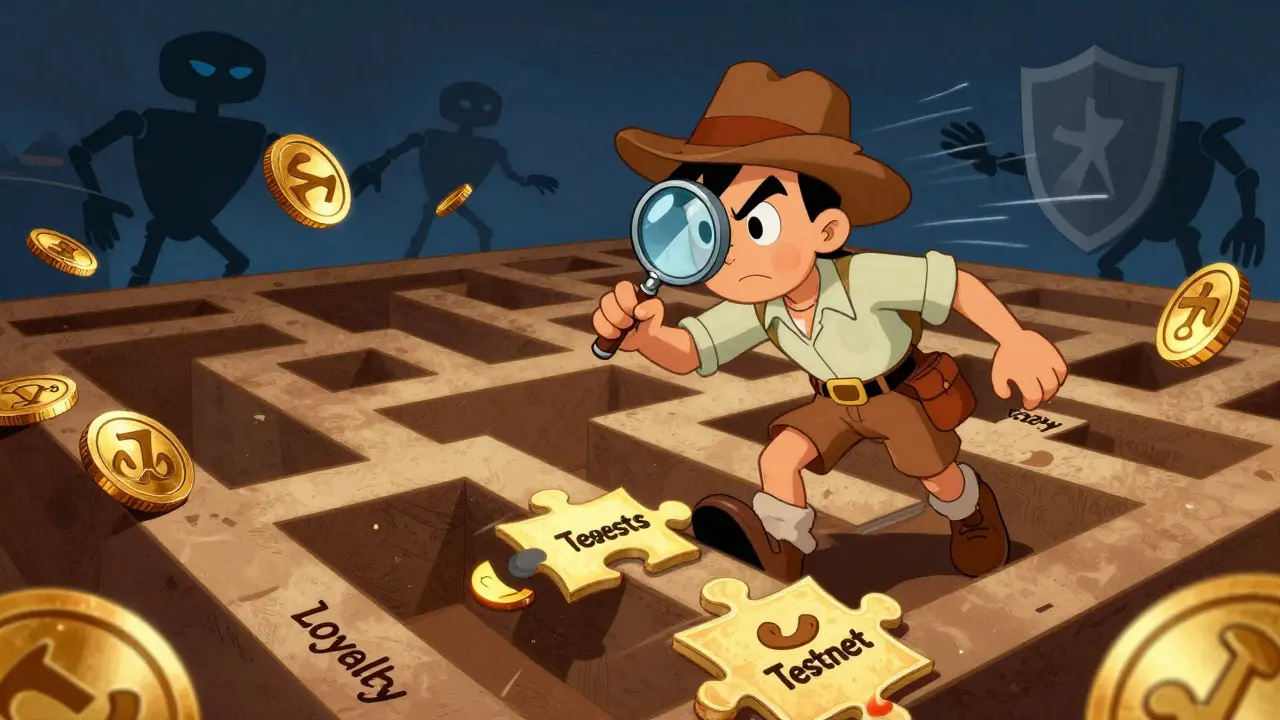 Explorer navigating maze of coins and loyalty quests