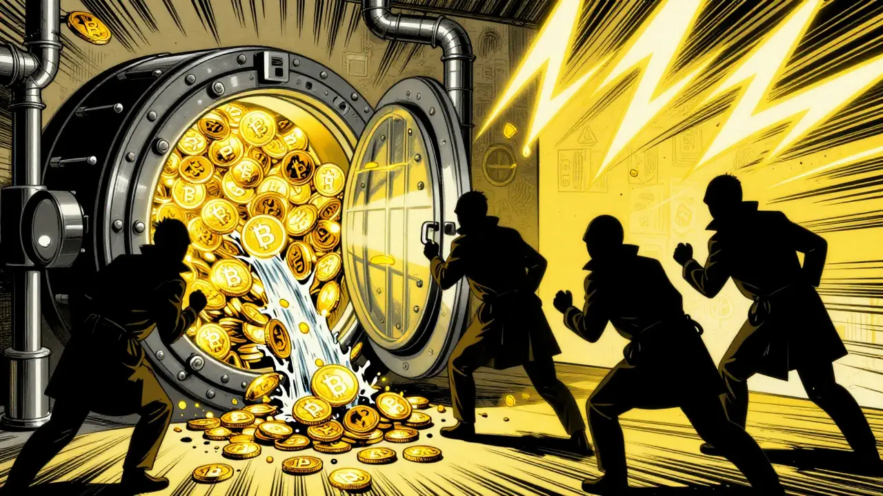Hackers draining gold coins from a digital vault