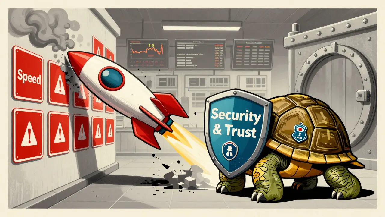 Illustration comparing risky speed vs secure trust in crypto platforms.