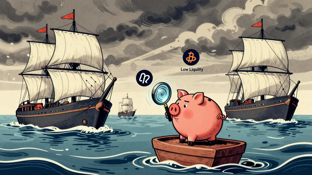 Illustration of a small piggy bank on a risky ocean raft