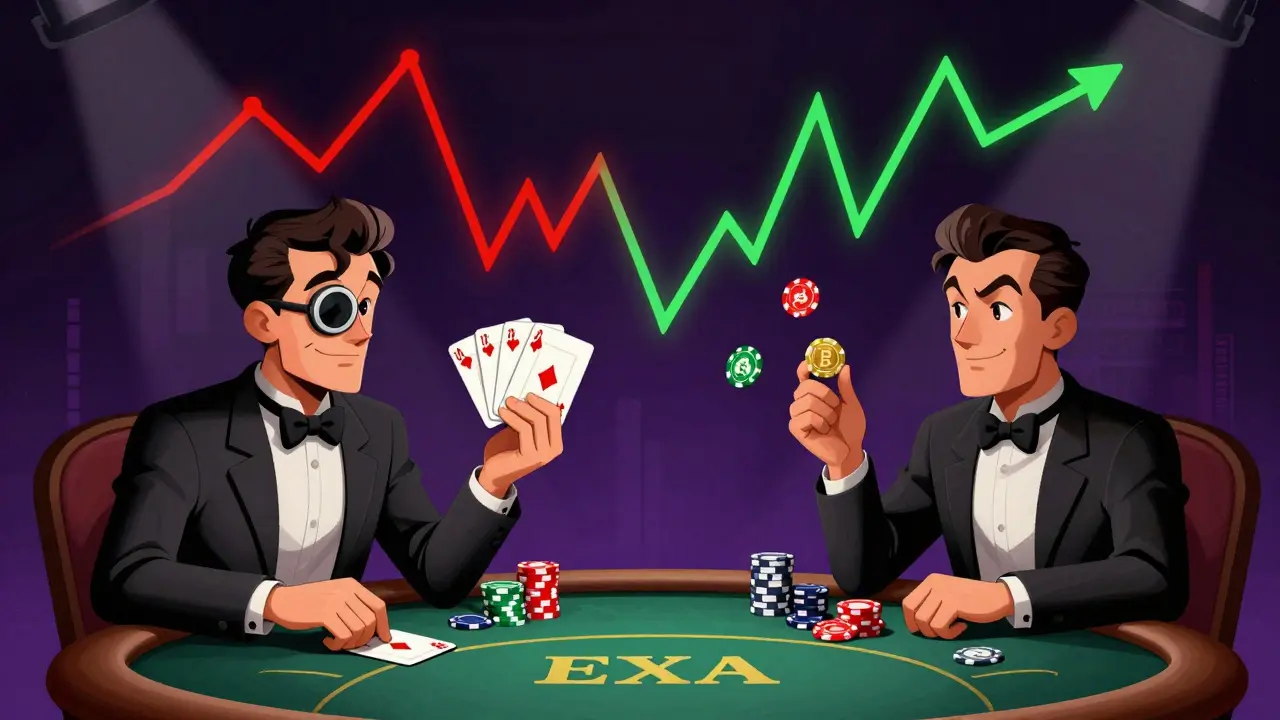 Noir-style cartoon of a trader holding EXA tokens amidst volatile charts
