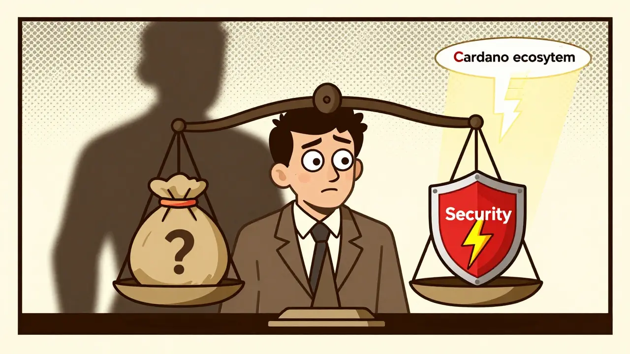 Old-style cartoon of an investor weighing crypto risks and rewards