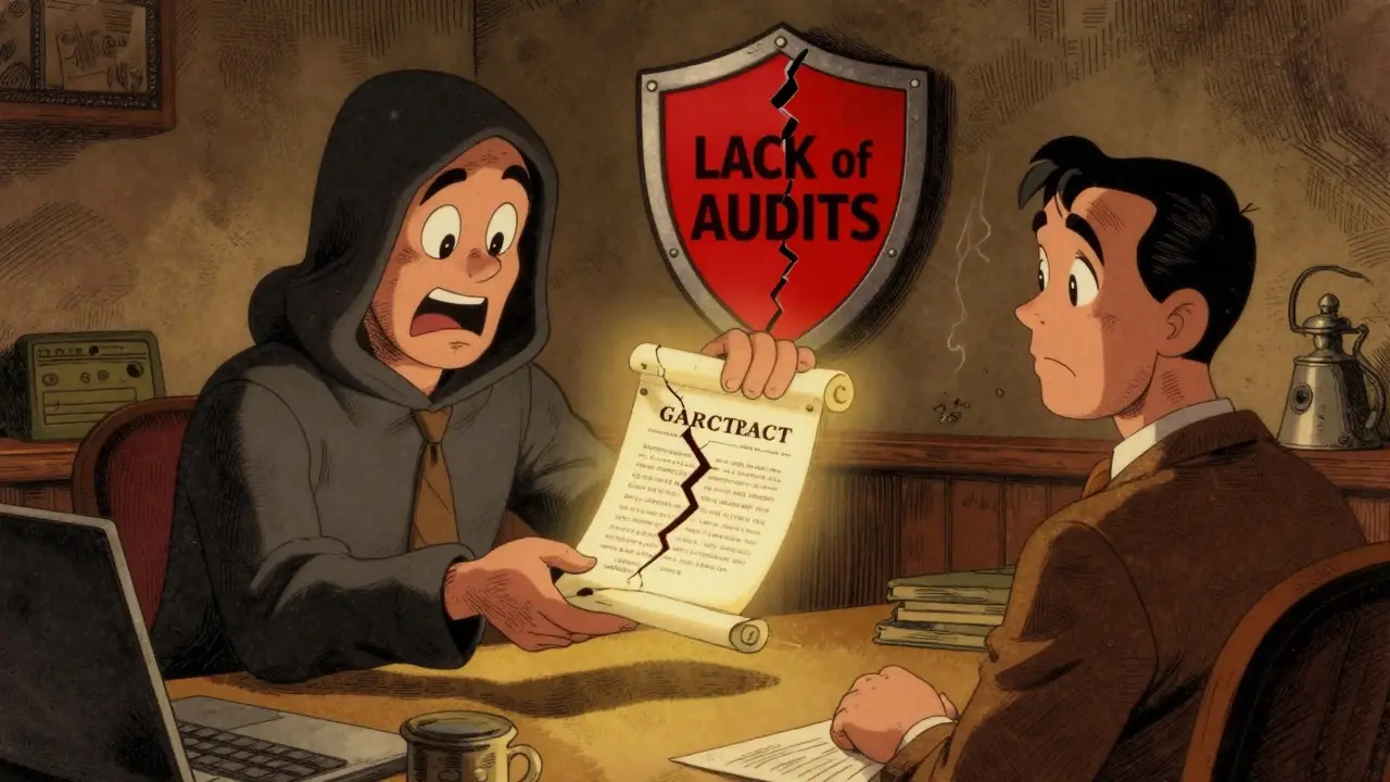 Old-style comic depicting a shady developer handing over an unaudited contract.