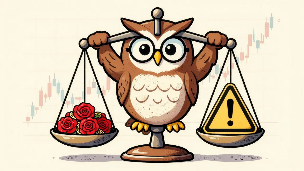 Owl holding scale balancing tokens and risk warnings