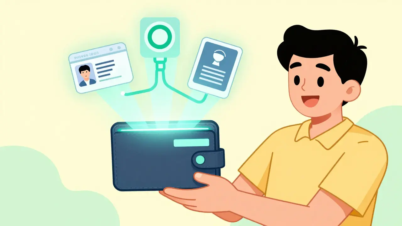 Person holding a secure digital wallet with floating credentials, illustrating decentralized control.