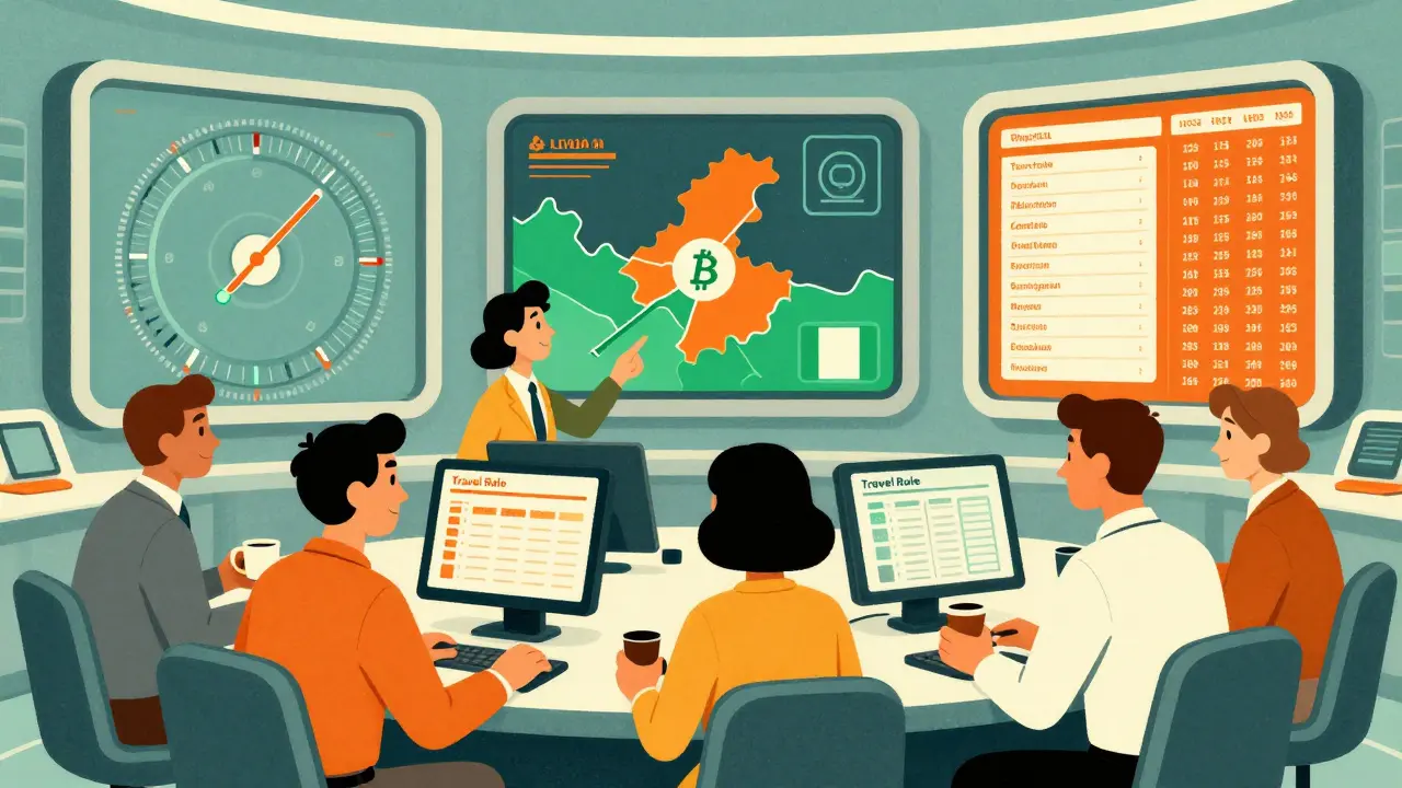 Retro cartoon of analysts monitoring crypto transaction risks in a control room