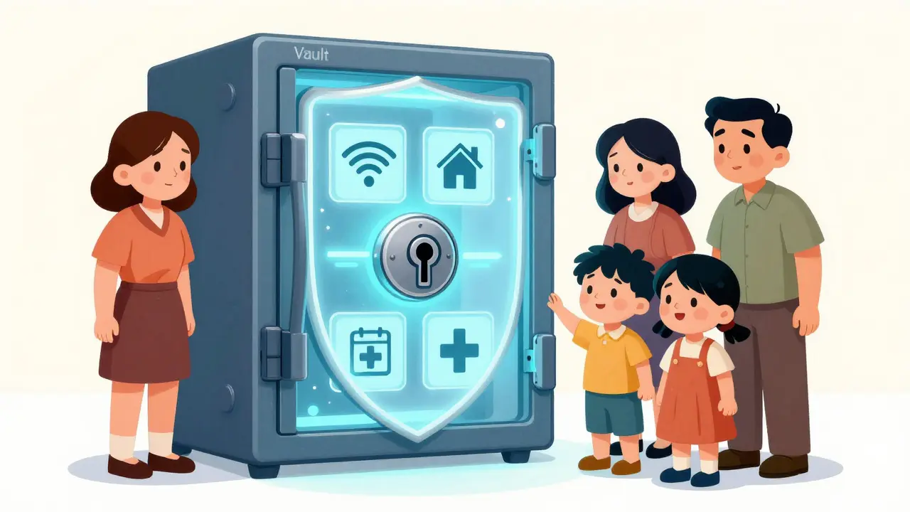 Retro cartoon of family securing logins in a digital vault
