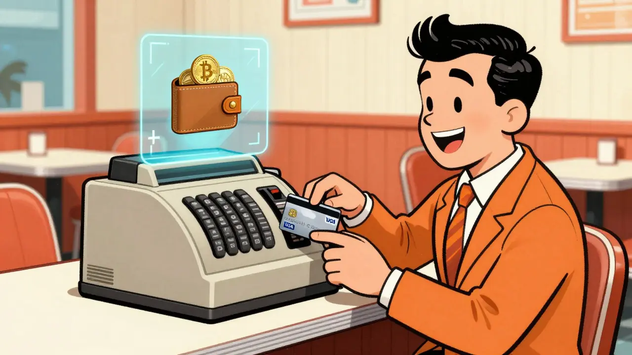 Retro diner scene showing a customer paying with a crypto-linked card