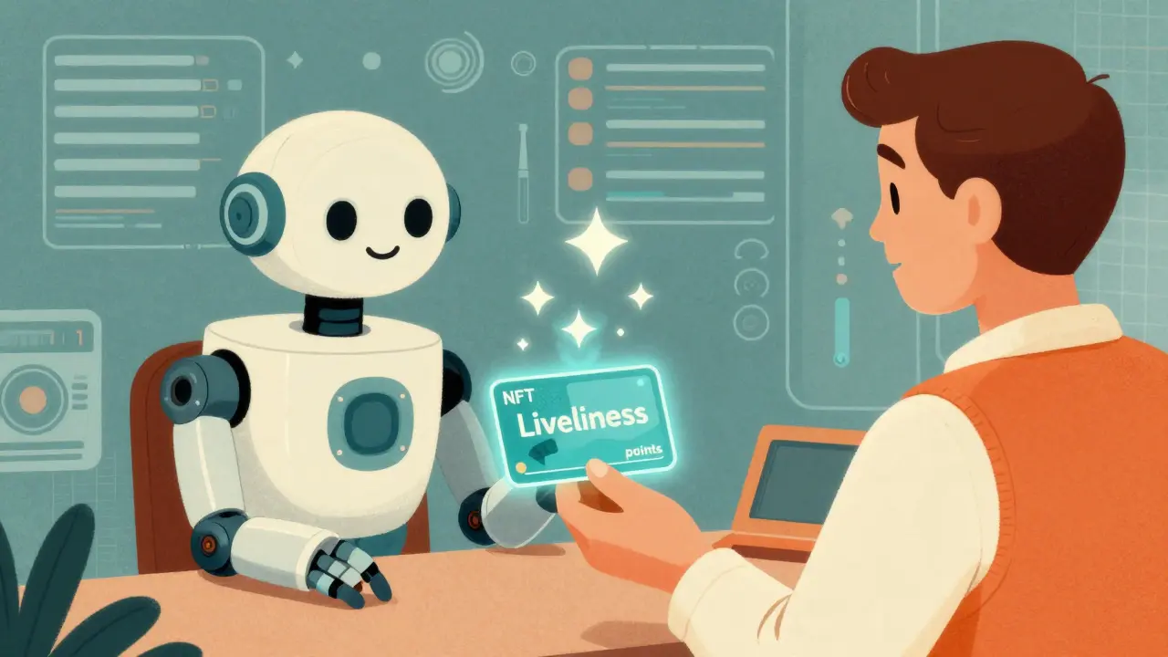 Retro illustration of a user trading a data NFT with a friendly AI robot.
