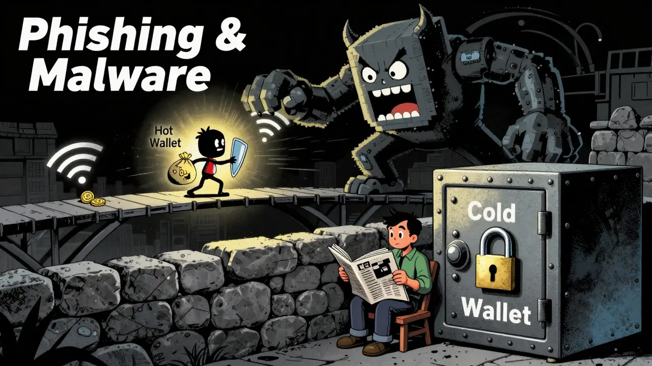 Retro illustration of cyber threats attacking a hot wallet user while cold wallet stays safe