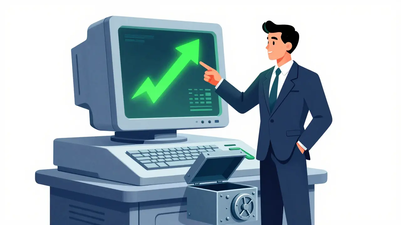 Retro illustration of fast, secure non-custodial crypto trading on a vintage console.
