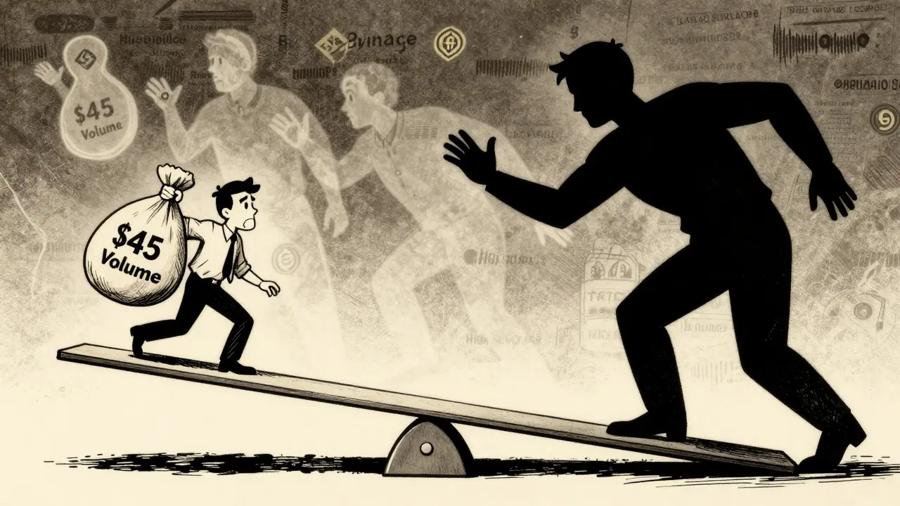 Retro illustration showing a trader slipping on a seesaw due to low volume.