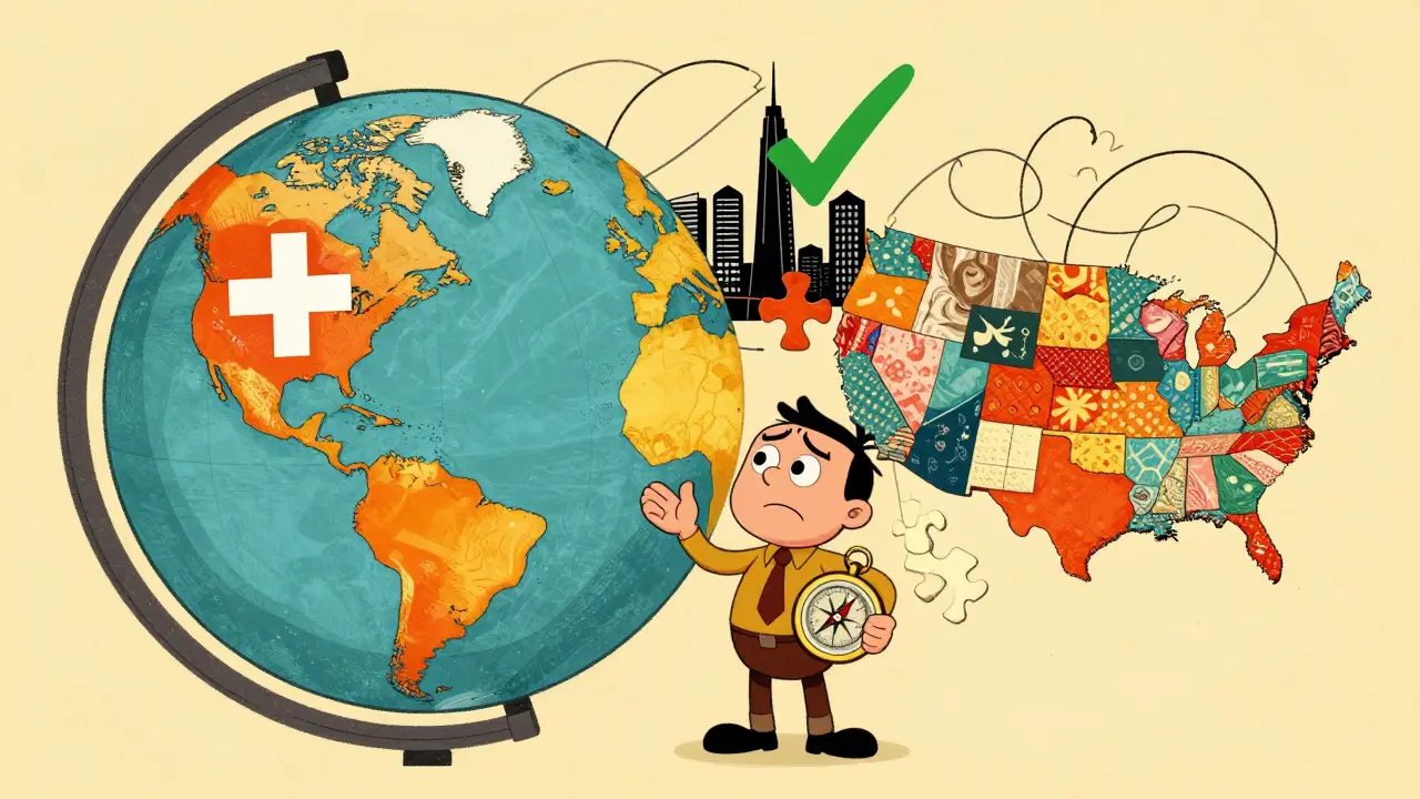 Retro illustration showing global differences in real estate NFT regulations across countries.