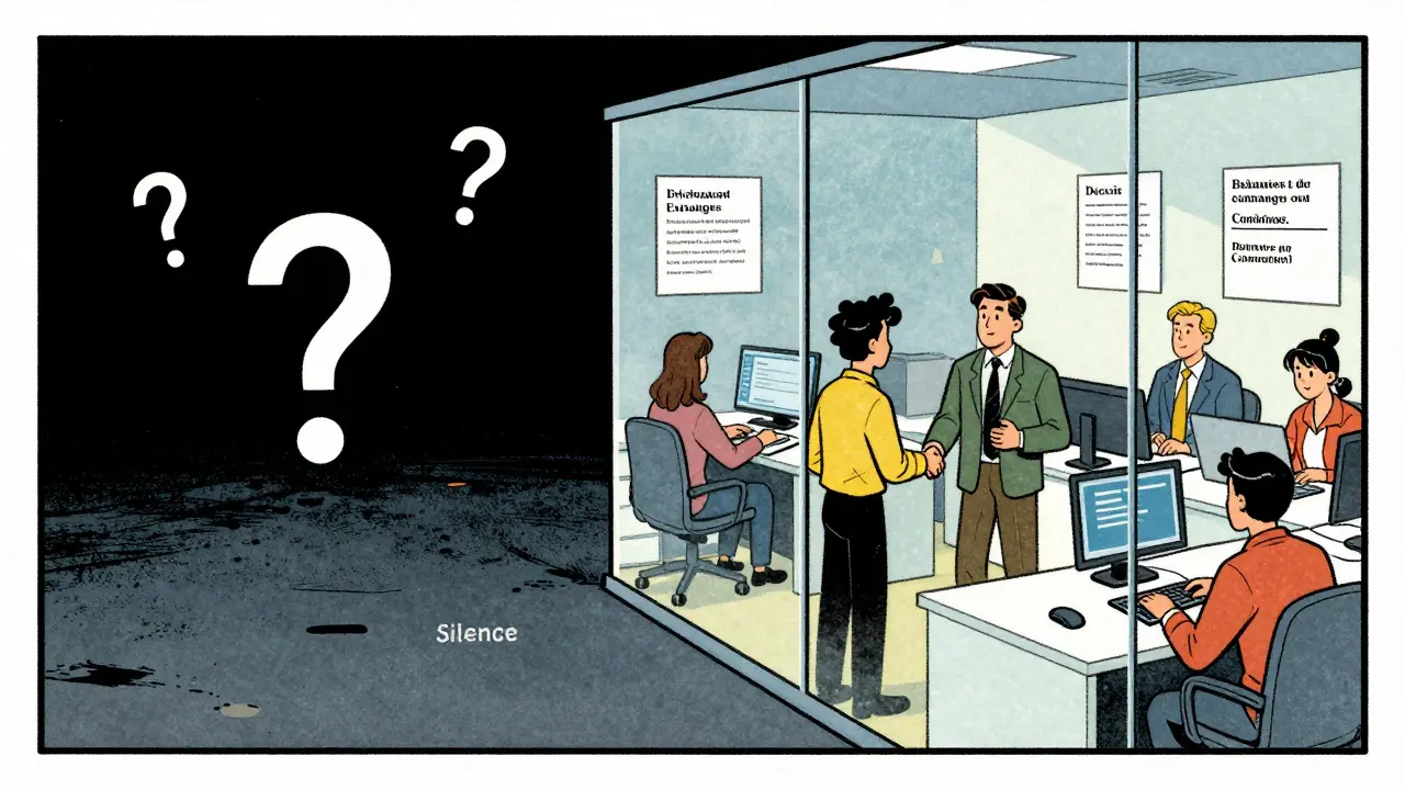 Split illustration contrasting a dark void of silence with a bright, transparent legitimate exchange.