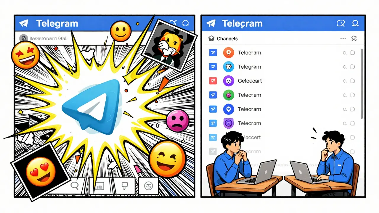 Split view of chaotic chat messages versus organized community discussion