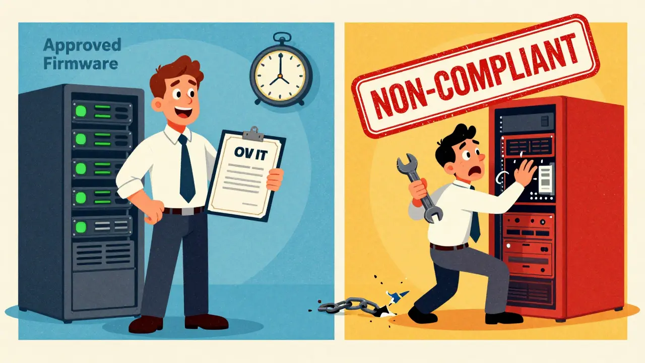 Split vintage cartoon showing compliant vs non-compliant HSM firmware scenarios