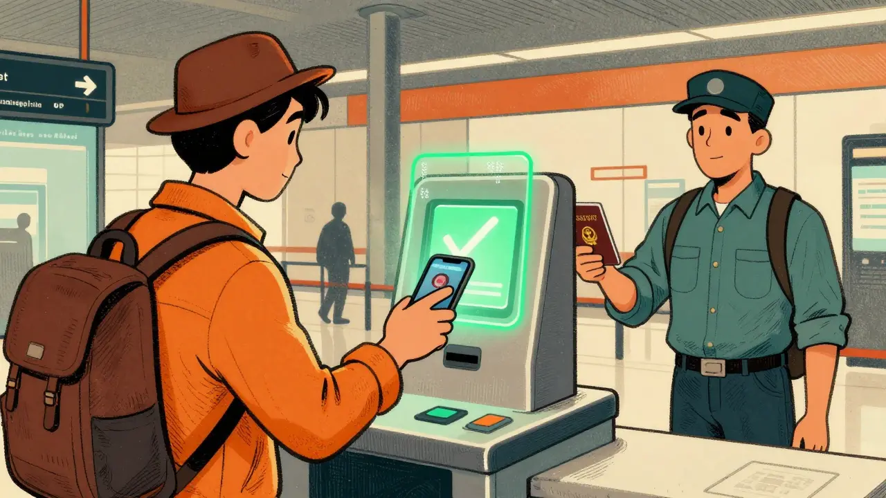 Traveler using a phone for private border verification via zero-knowledge proof technology.