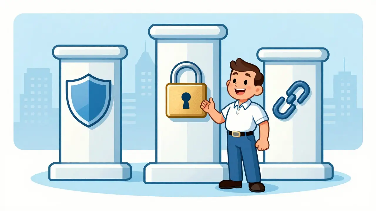 Vintage cartoon depicting safe crypto exchanges as sturdy pillars of trust