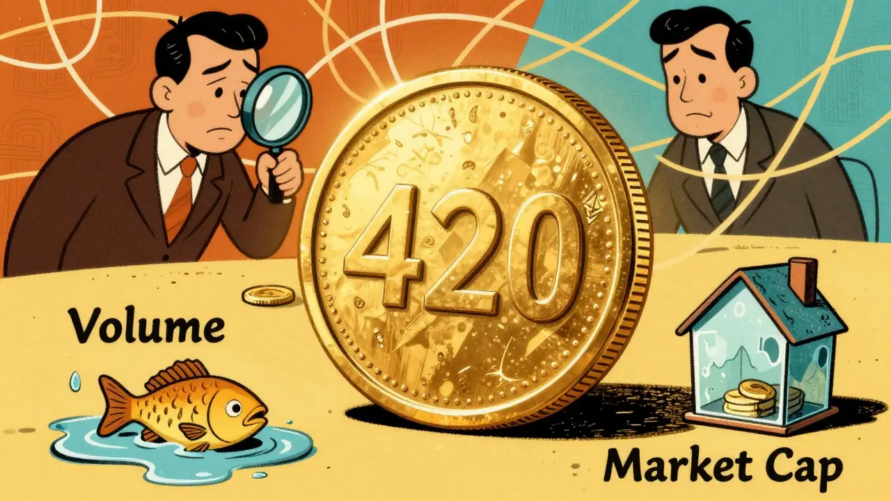 Vintage cartoon of a gold coin surrounded by risk symbols