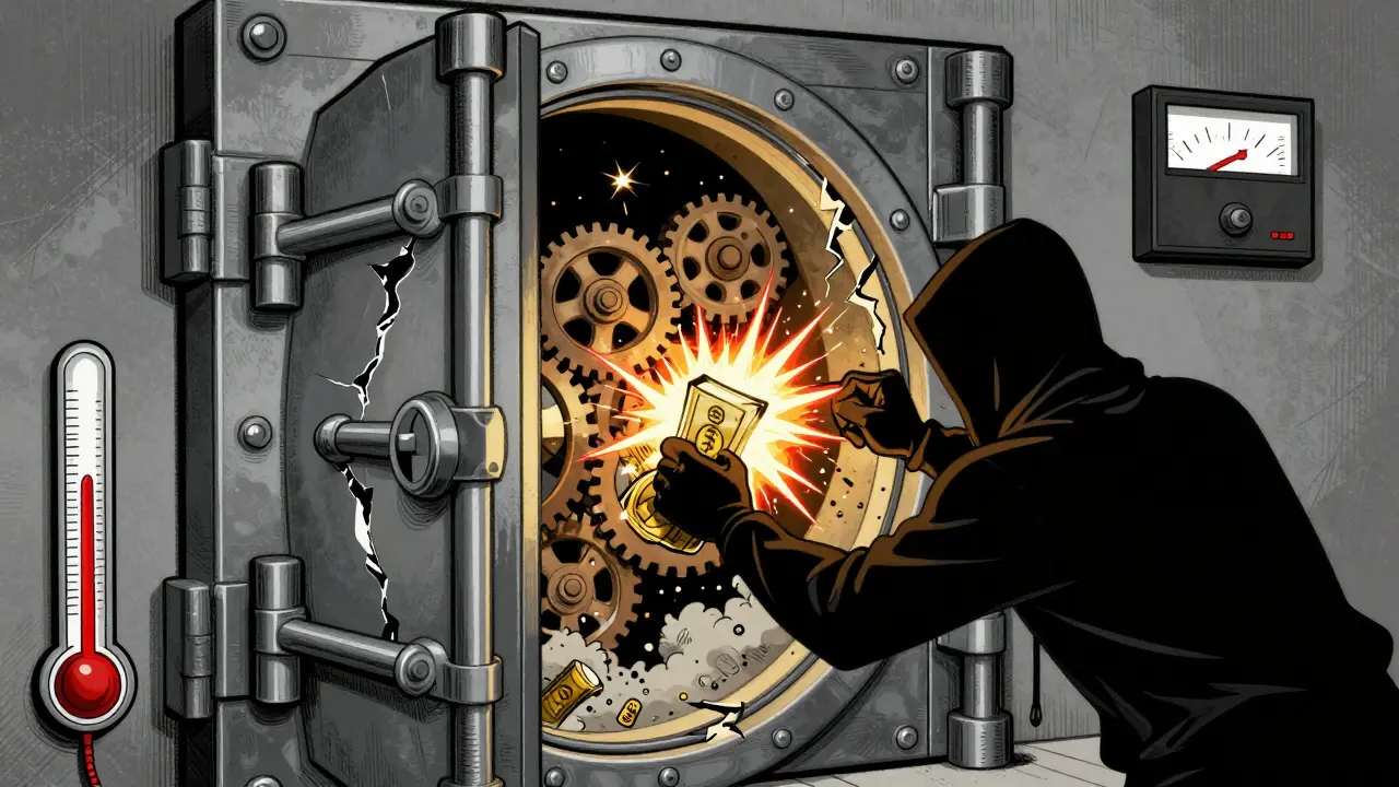 Vintage cartoon of a hacker failing to breach a self-destructing secure vault