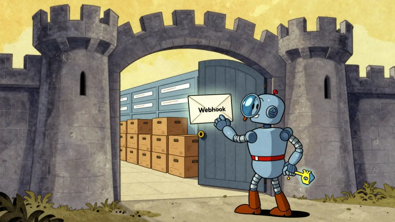 Vintage cartoon of a robot verifying webhook signatures at a secure gateway