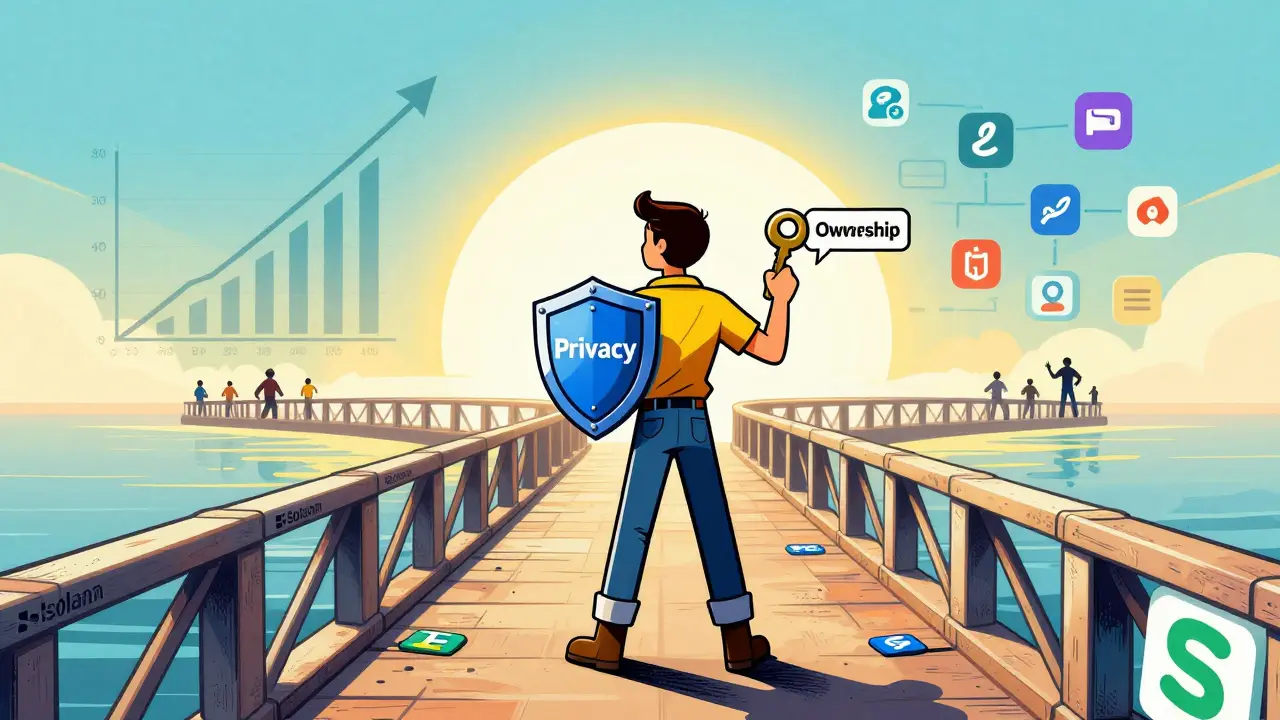Vintage cartoon of a user securing data privacy on a blockchain bridge.