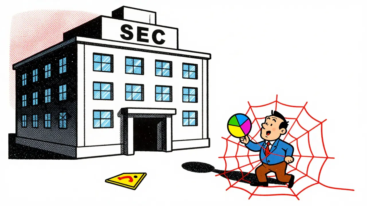 Vintage cartoon of an investor caught in SEC regulatory webs while holding a real estate token.