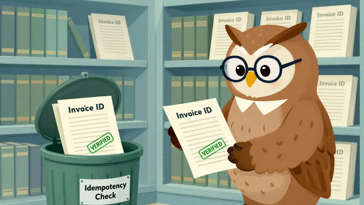 Vintage cartoon of an owl librarian enforcing idempotency in a database