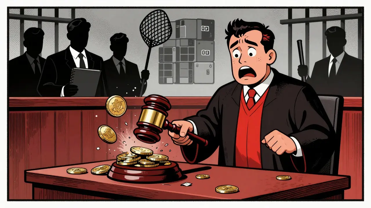 Vintage cartoon of judge punishing crypto evasion