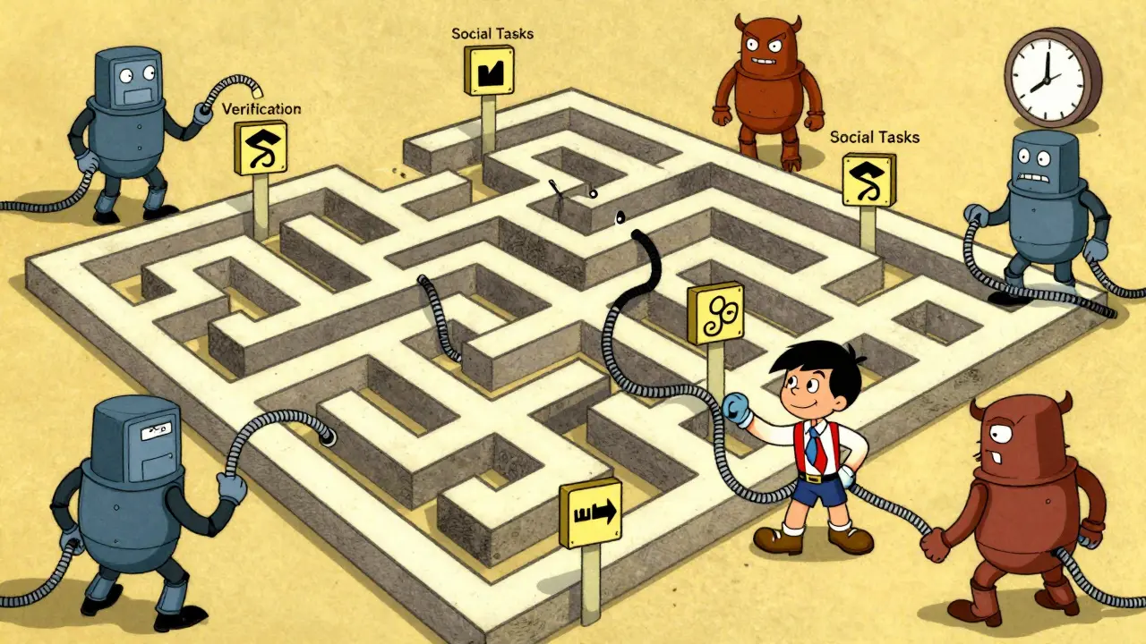 Vintage cartoon of user navigating airdrop hurdles