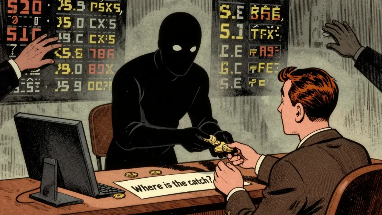 Vintage cartoon showing hidden costs and opaque fees in crypto exchanges.