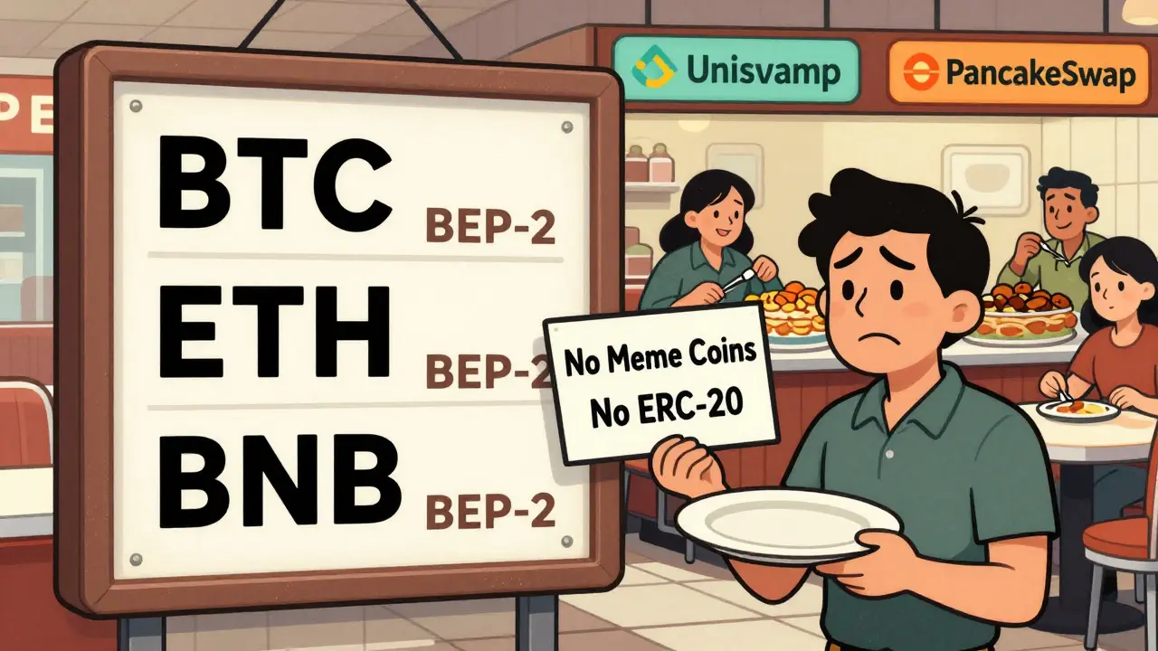 Vintage cartoon showing limited token options on Binance DEX compared to competitors.
