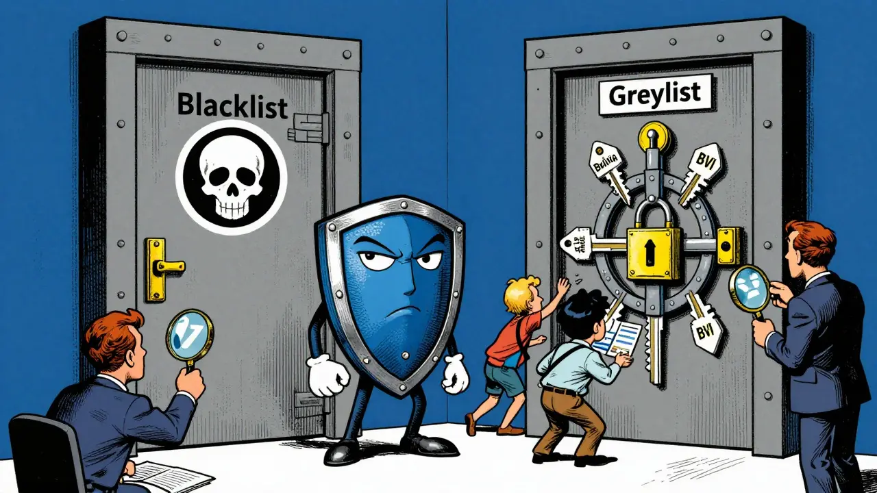 Vintage cartoon showing locked doors for blacklist and complex locks for greylist countries