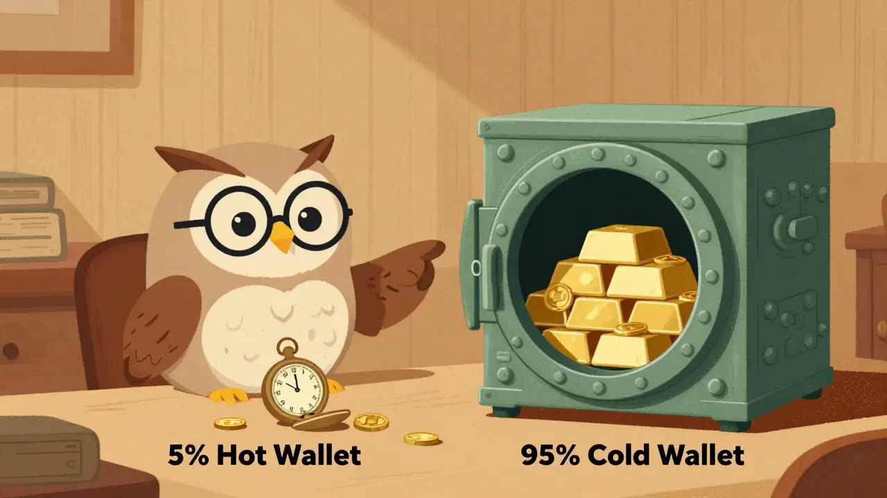 Vintage cartoon showing the 5% rule for splitting crypto between hot and cold wallets