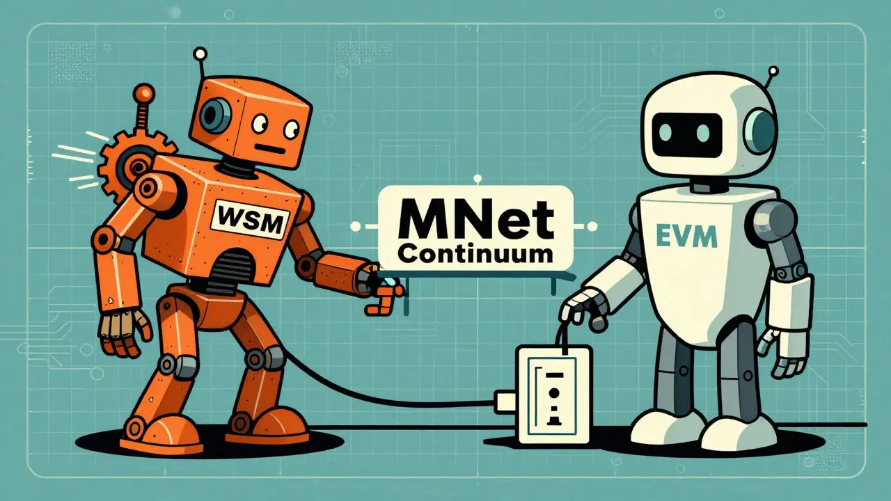 Vintage cartoon showing WASM and EVM tech integration
