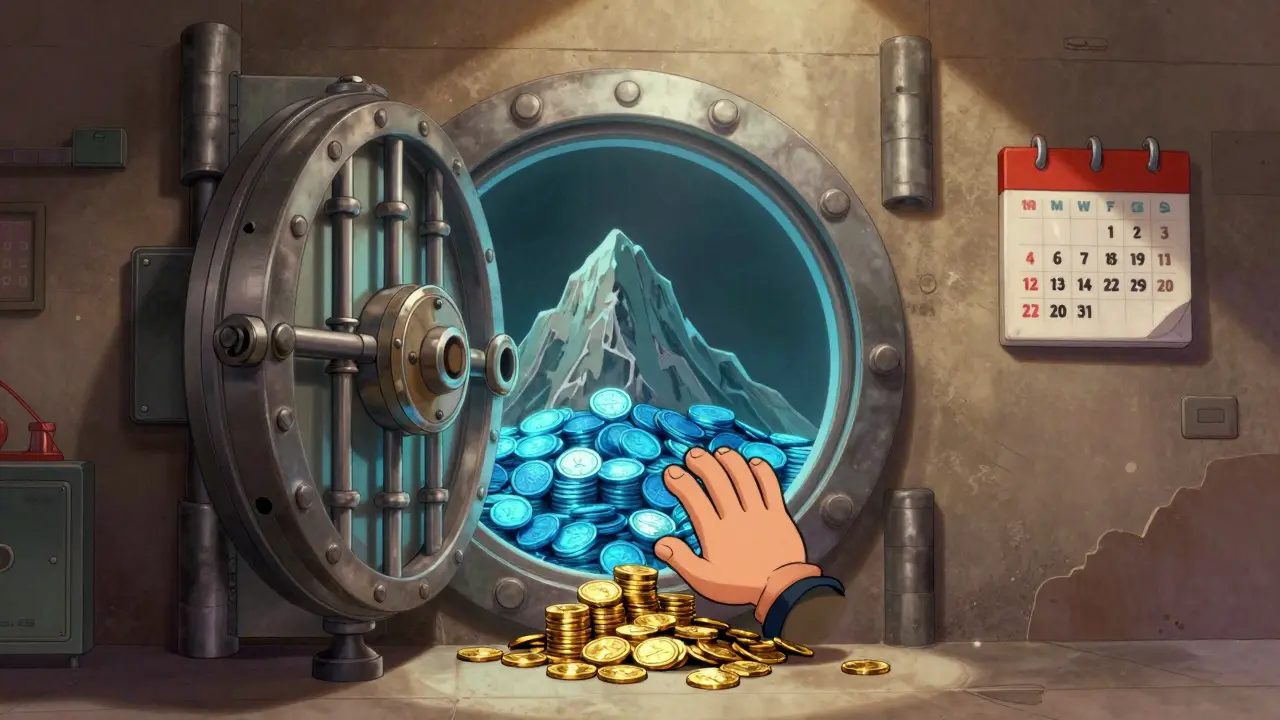 Vintage cartoon vault with locked tokens illustrating vesting schedules and cliffs