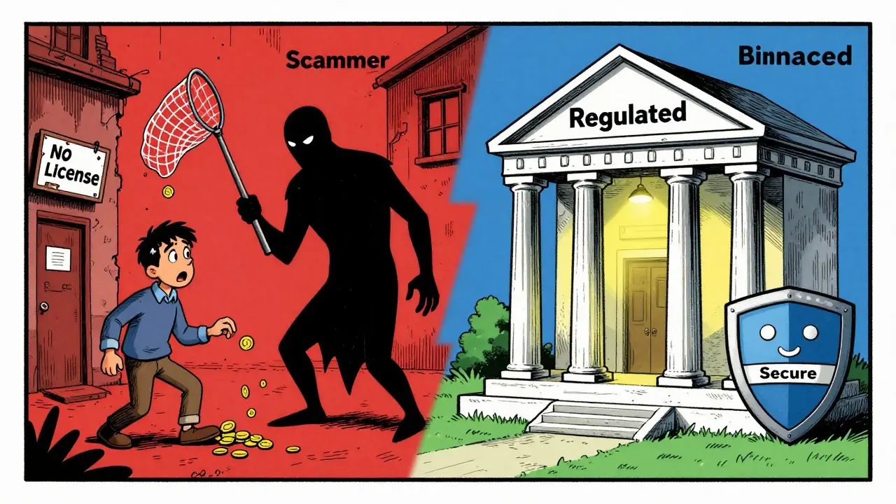 Vintage illustration comparing scam sites to safe exchanges
