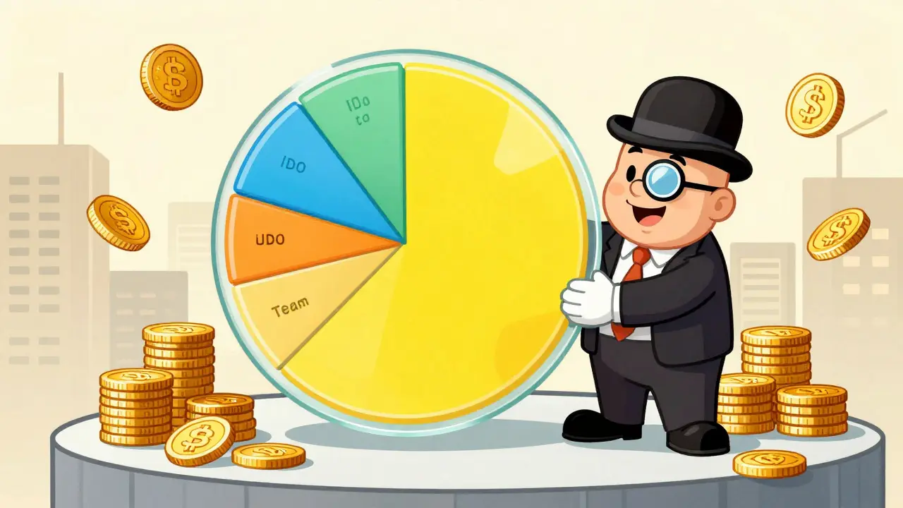 Vintage illustration of a trader holding a tokenomics pie chart