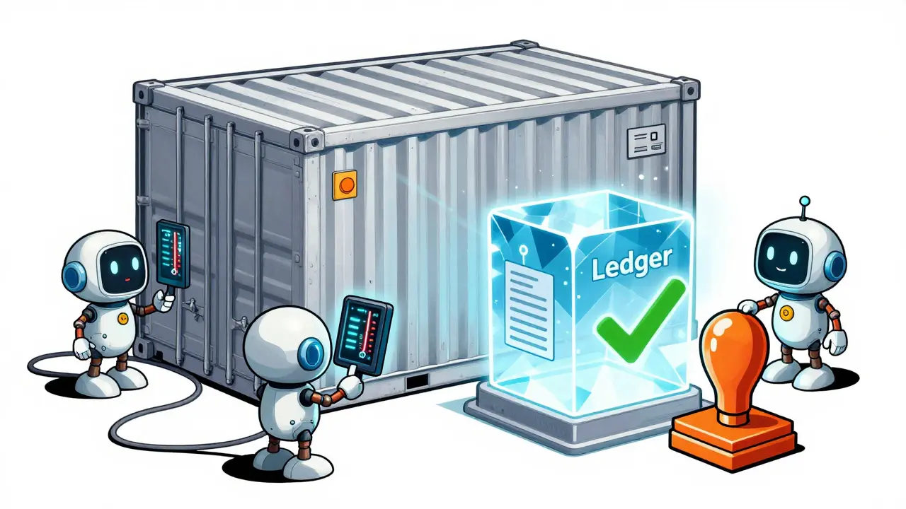 Vintage illustration of blockchain tracking cold chain temps