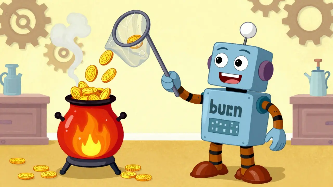 Vintage illustration of tokens being burned by a robot to reduce supply