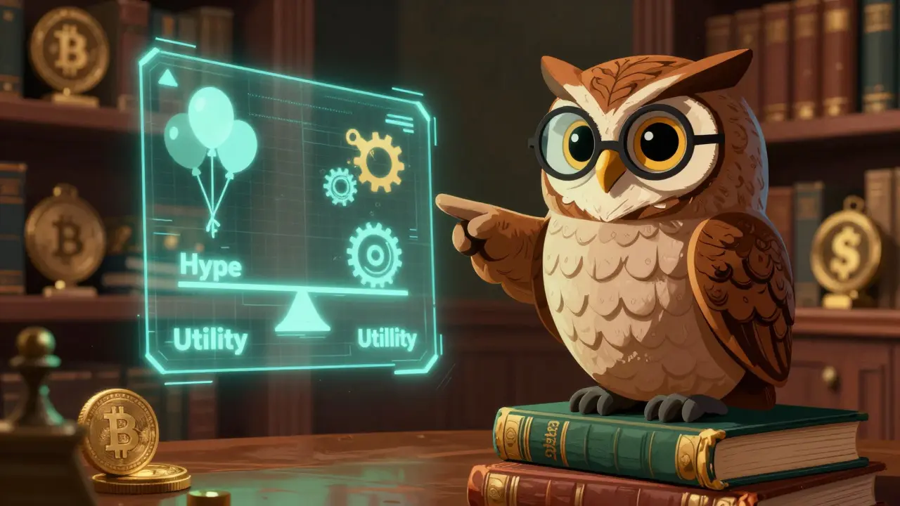 Wise owl analyzing crypto hype vs utility chart