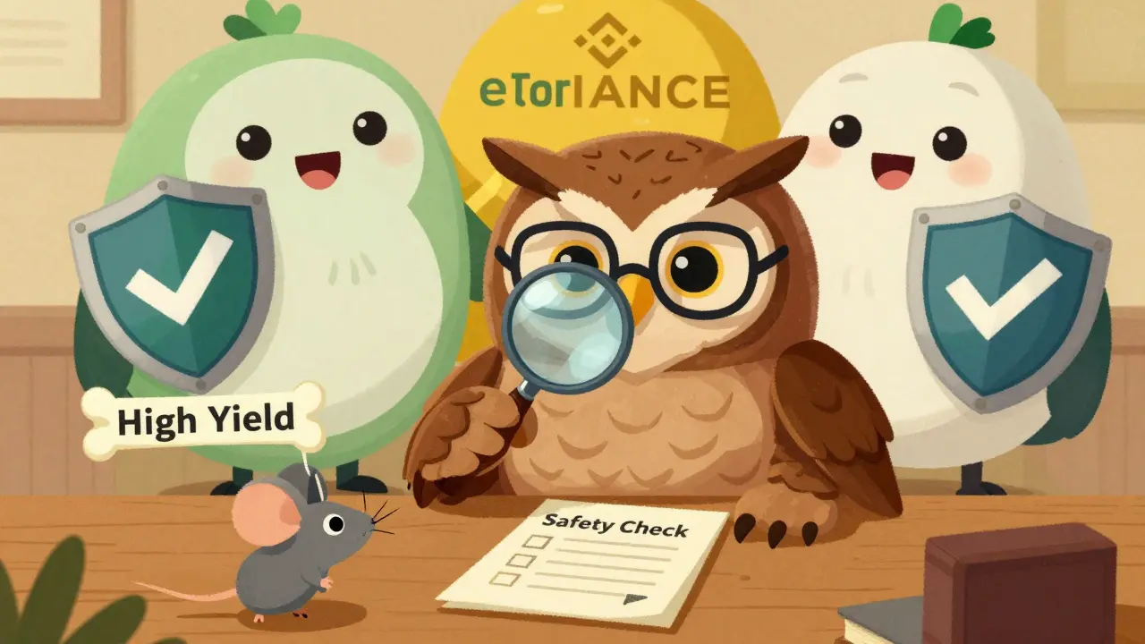 Wise owl blocking a mouse from a scam lure while safe exchanges stand guard in background.