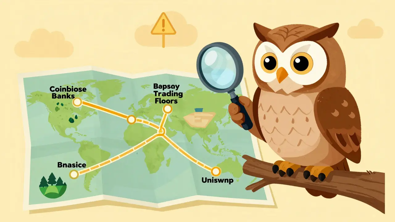 Wise owl inspecting crypto exchange options on a vintage map